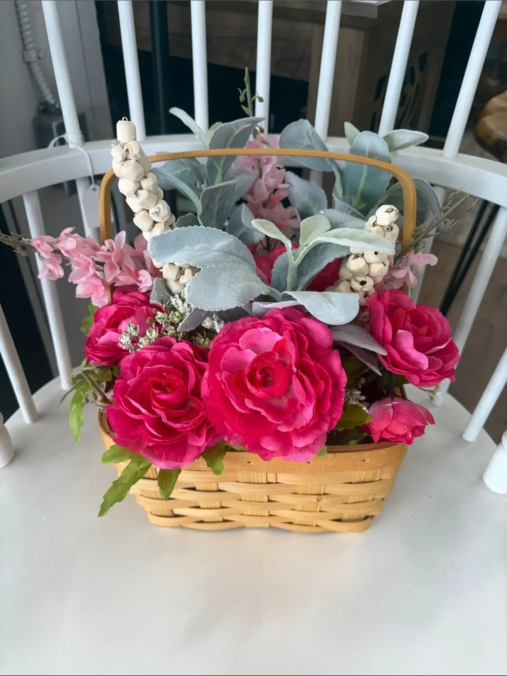 Hot Pink Rose Basket Arrangement - Faux Floral Accent